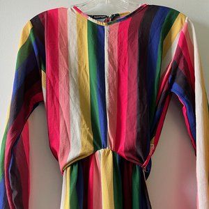 Boohoo Tie Front Midi Long Sleeve Dress In Rainbow Stripe